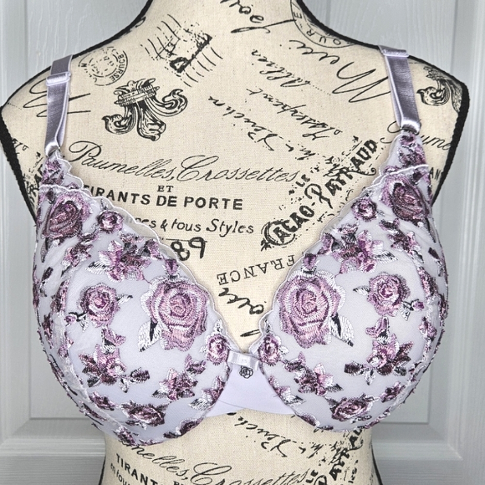 La Vie En Rose Lilac Purple Floral Embroided Underwire Push-Up Demi Bra 38B